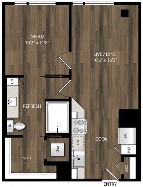 Floor plan for 1 bed, 1 bath, 618 sqft